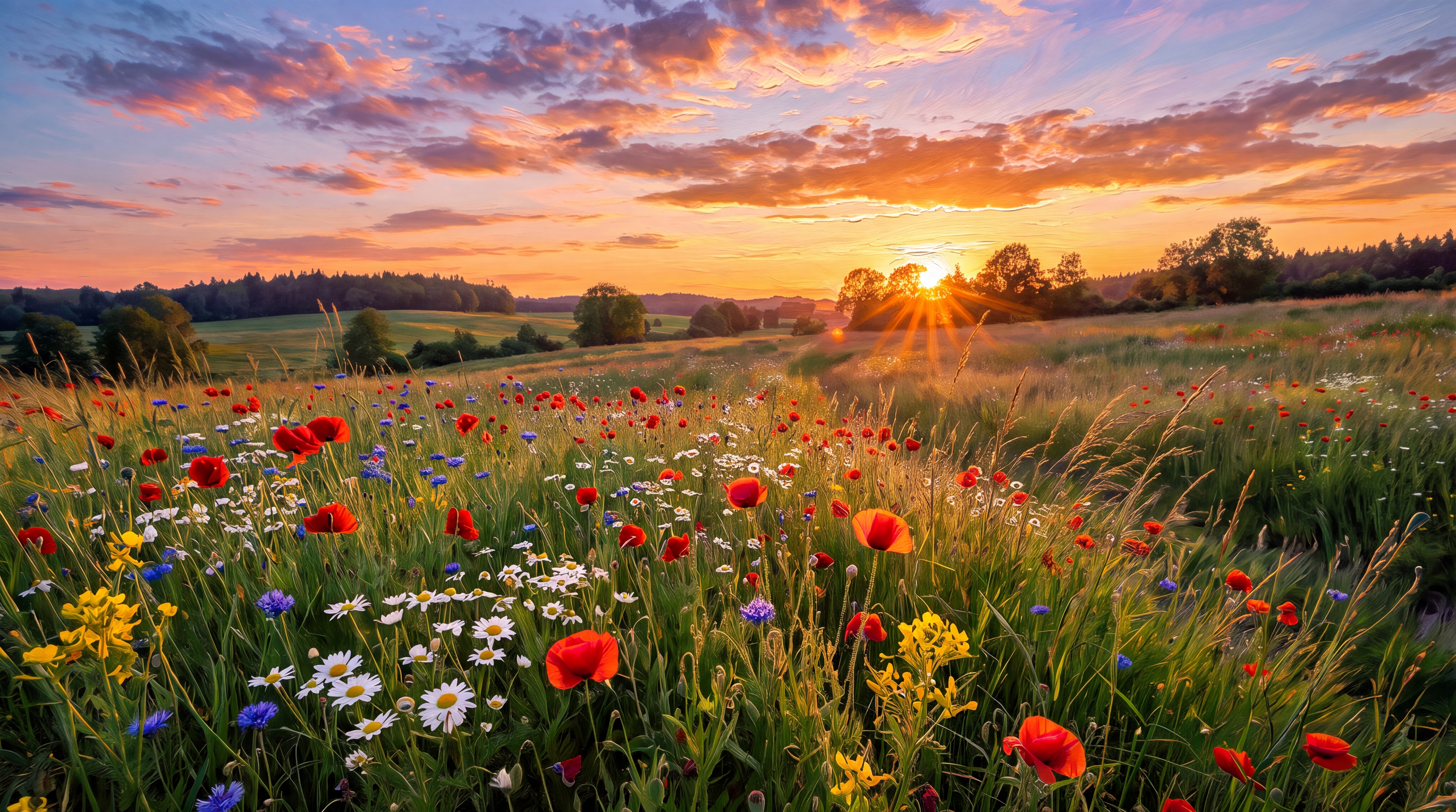 Blühende Sommerwiese bei Sonnenuntergang