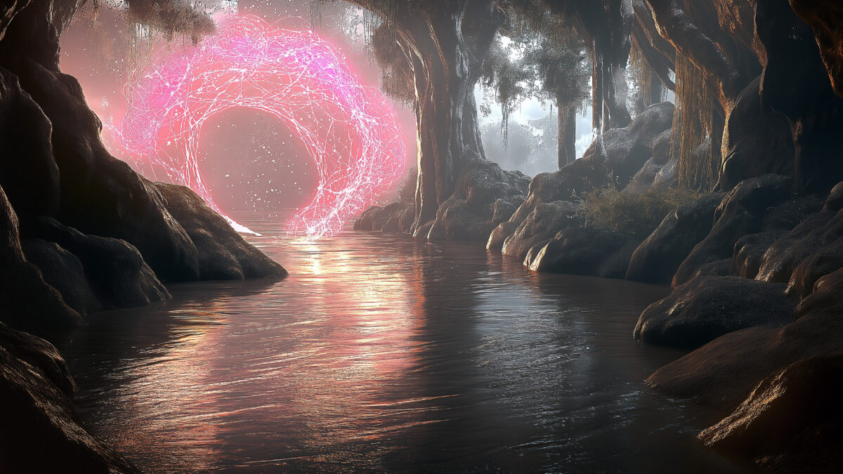 Fantasy lila Portal Landschaft mit Fluss