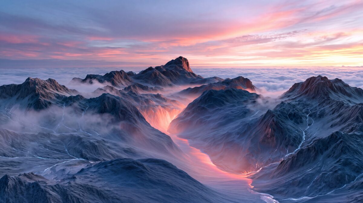 Futuristische Berglandschaft bei Sonnenaufgang über den Wolken