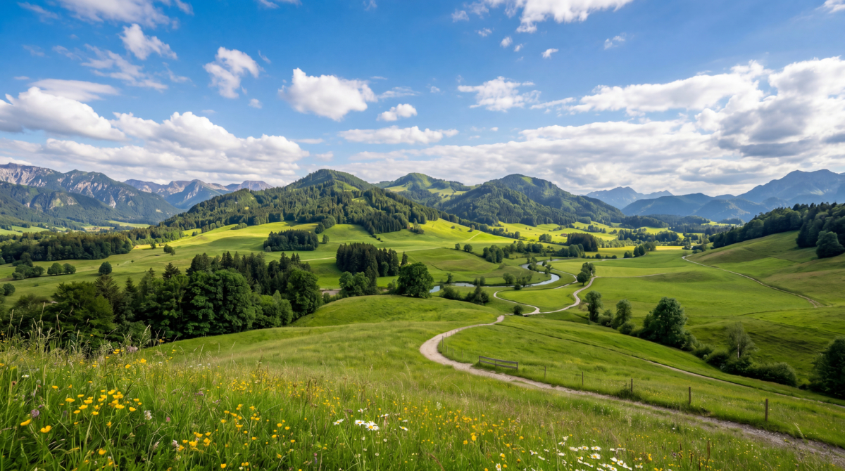 Grüne Hügellandschaft mit Fluss unter blauem Himmel