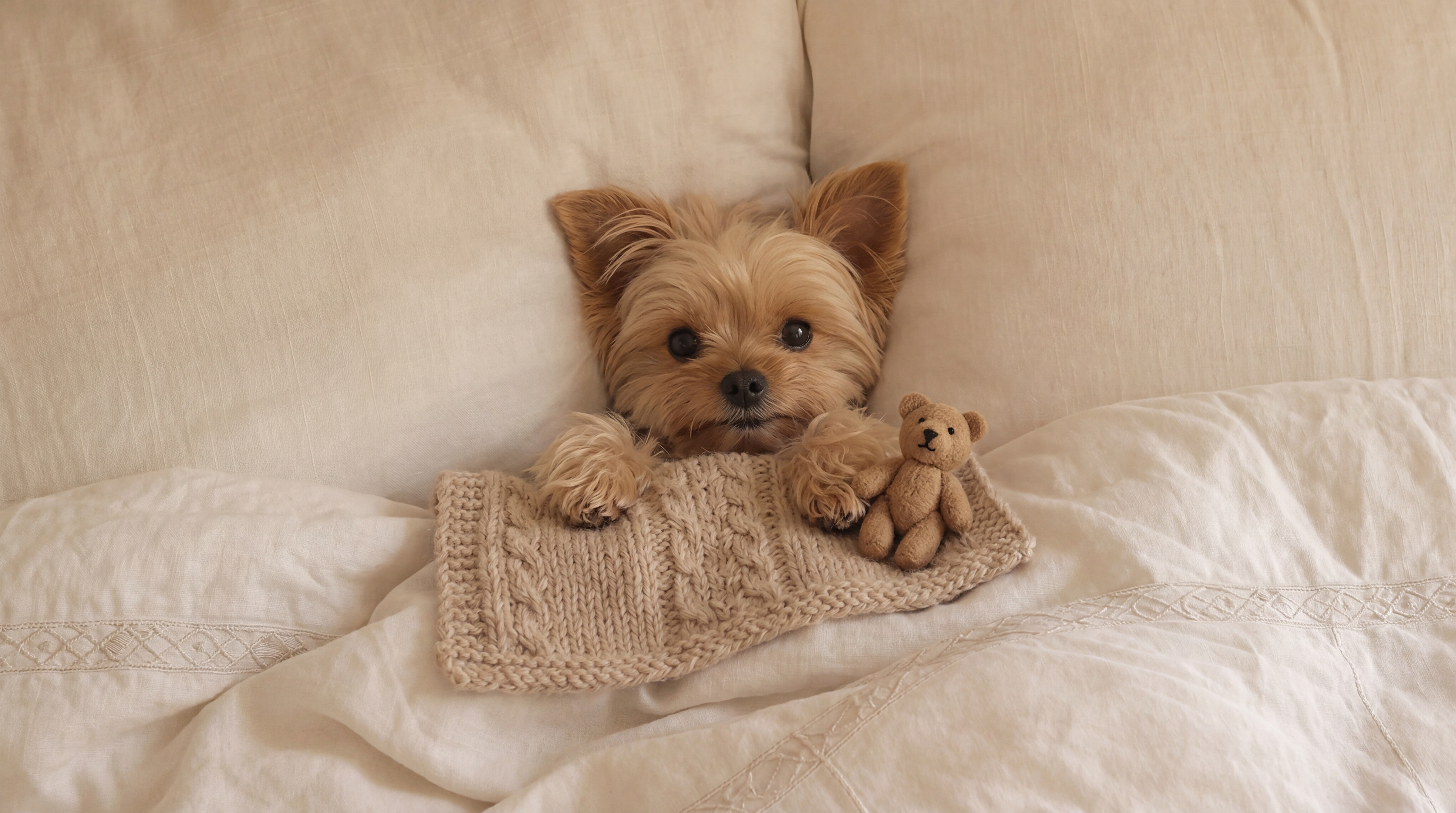 Kleiner Hund mit Teddybär auf hellem Bett