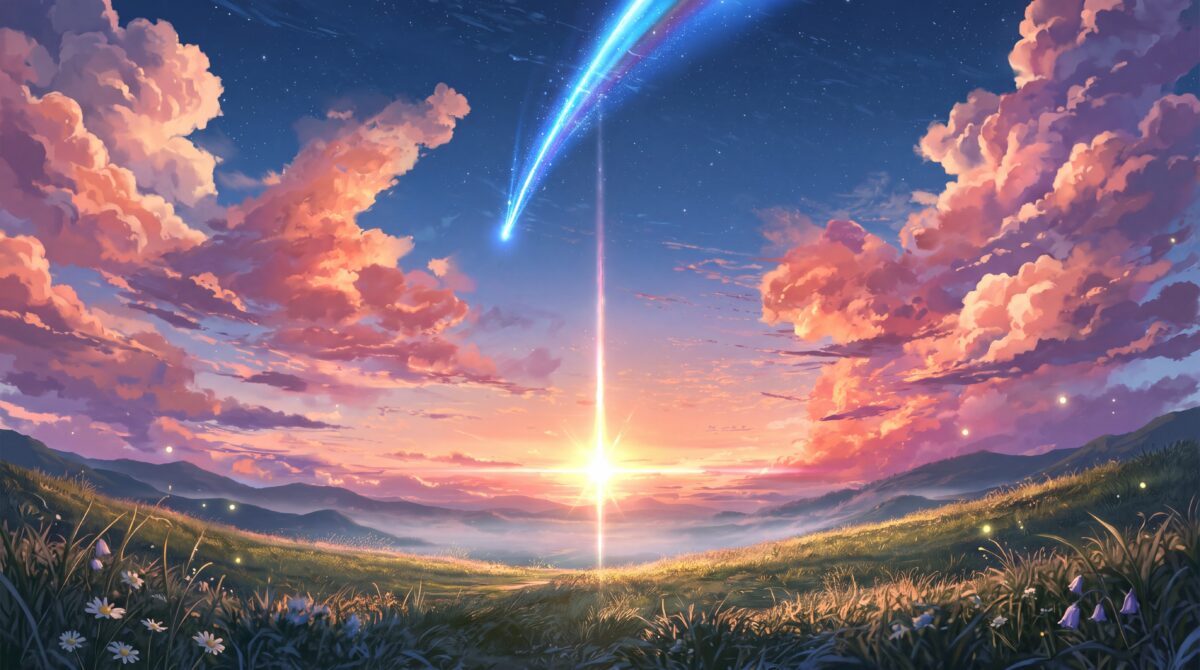 Leuchtender Meteorschweif über blühender Abendlandschaft