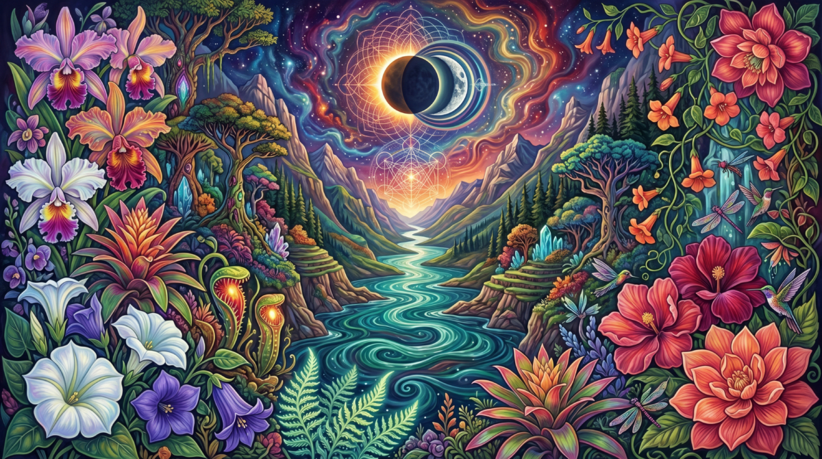Magische Blumenlandschaft mit Fluss und kosmischem Himmel