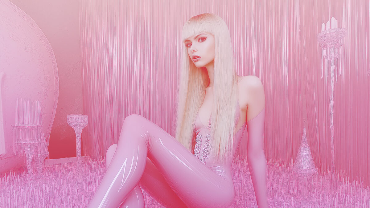 Model blonde Haare pinker Hintergrund