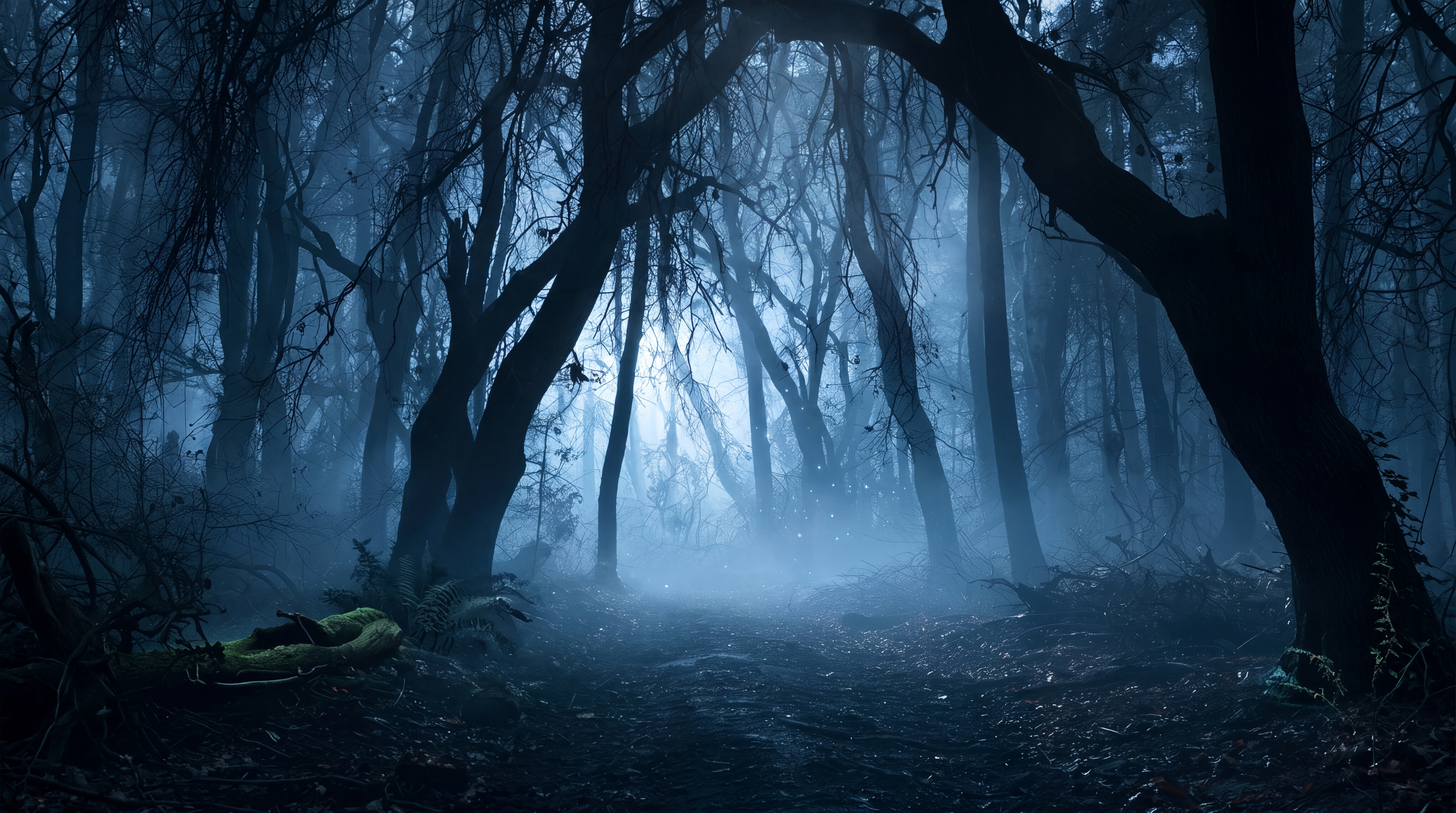 Mystischer Wald im dichten Nebel bei Nacht