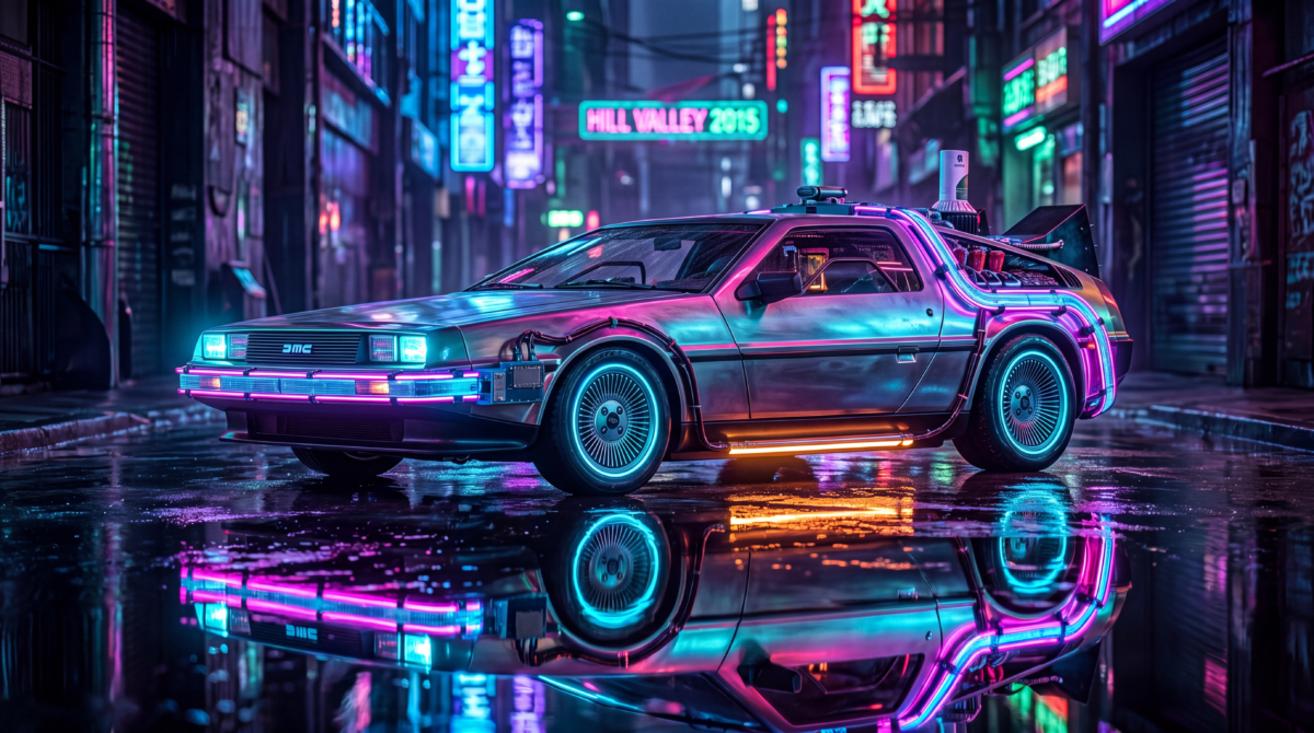 Neonbeleuchteter DeLorean in futuraler Regenstraßen-Gasse