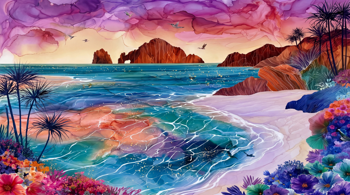 Surrealistische Küstenlandschaft mit bunten Wellen